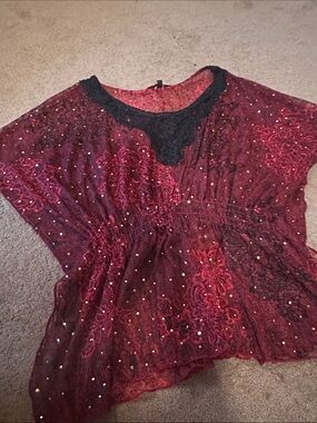 HeartSoul Red Lace Embellished Blouse with Black Trim